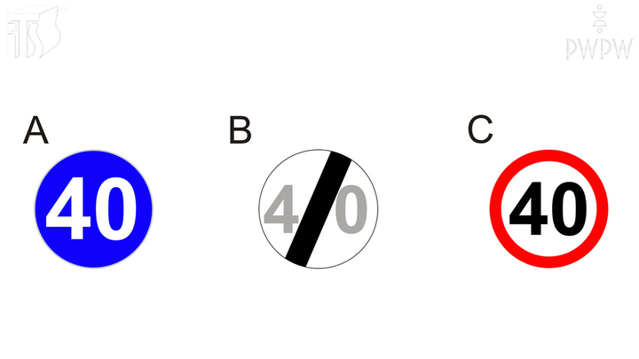 Który z pokazanych znaków zabrania przekraczania prędkości 40 km/h?
